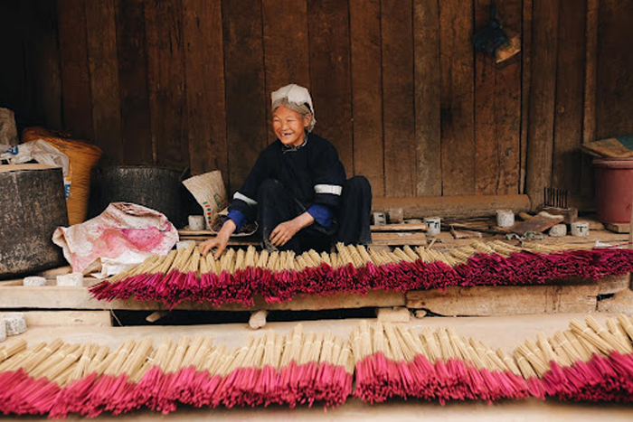 Colorful incense sticks drying in Phia Thap incense Village